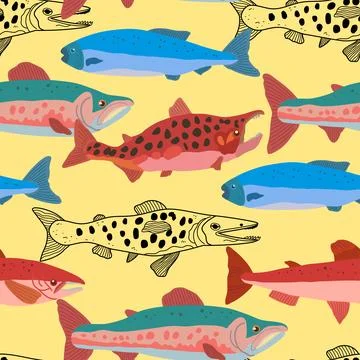 Seamless pattern with doodle salmon fish in modern original trendy style Stock Illustration