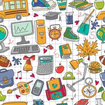 Seamless pattern of doodle school theme Stock Illustration