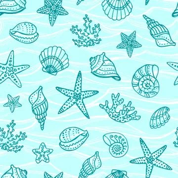 Seamless pattern with doodle sea creatures. Illustrazione stock