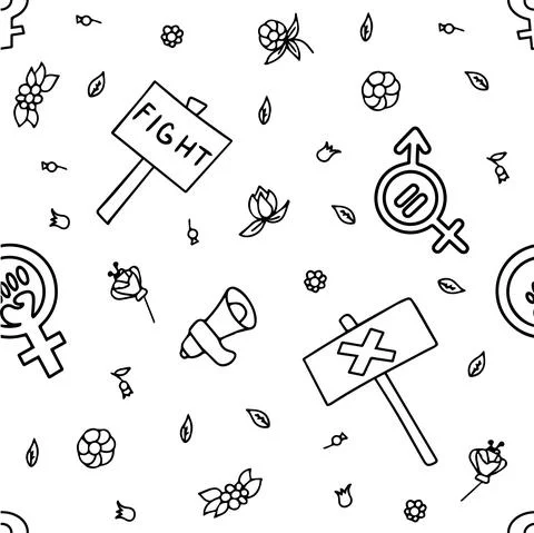 Seamless pattern doodle signs of feminism, women s rights. Grunge hand drawn Stock Illustration