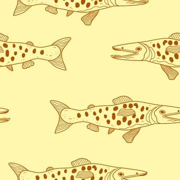 Seamless pattern with doodle smiling fish. Hand drawn lineart. Vector Stock Illustration