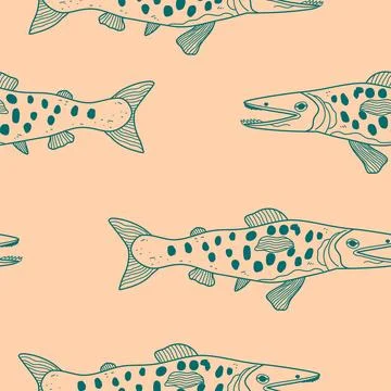Seamless pattern with doodle smiling fish. Hand drawn lineart. Vector Illustrazione stock