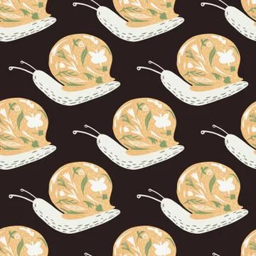 Seamless pattern with doodle snails silhouettes. Orange achatina ornament on  Illustrazione stock