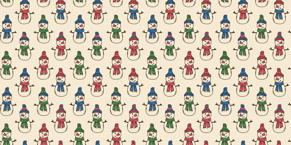Seamless pattern with doodle snowman Merry Christmas in hand drawn style Stock-Illustration