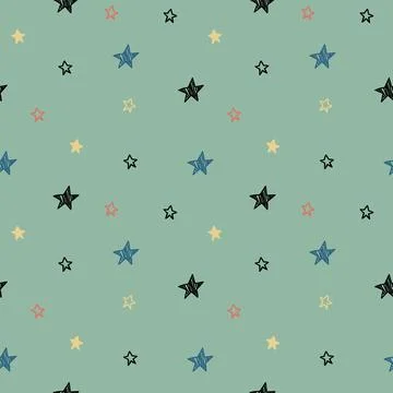 Seamless pattern with doodle stars on green background. Childish simple picture 스톡 일러스트