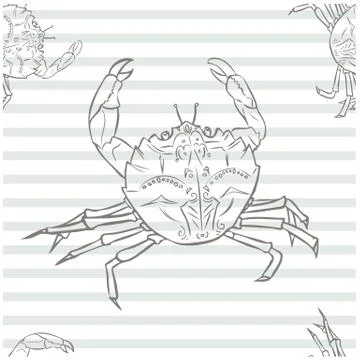 Seamless pattern doodle steeple gray crab on summer shower thin stripes Stock Illustration