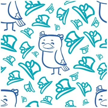 Seamless pattern doodle strong blue bird and blue hats Stock Illustration