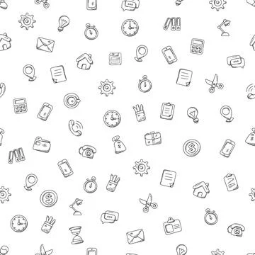 Seamless pattern in doodle style, black business icons on a white backgroun.. Stock Illustration