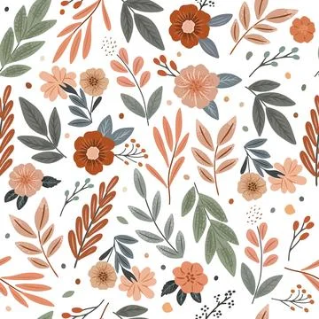 Seamless pattern with doodle style elements. Cute flowers, leaves and bunch.. Stock Illustration