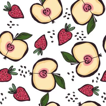 Seamless pattern with doodle style summer fruits and ink stains Stock Illustration