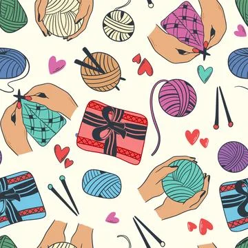 Seamless pattern in doodle style on theme of knitting Stockillustratie