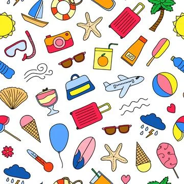 Seamless pattern with doodle summer items. Stock Illustration