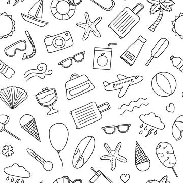 Seamless pattern with doodle summer items. Illustrazione stock