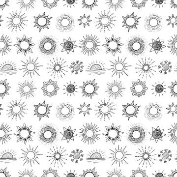 Seamless pattern with doodle sun on white background. Can be used for wallpap Stock Illustration