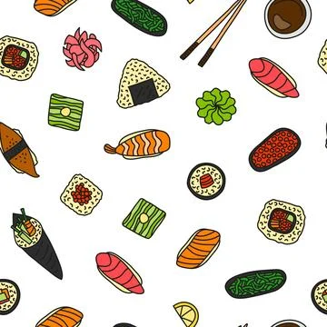 Seamless pattern with doodle sushi and rolls. Stock Illustration