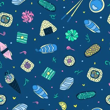 Seamless pattern with doodle sushi and rolls. Stock Illustration