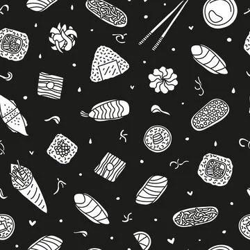 Seamless pattern with doodle sushi and rolls. Stock Illustration