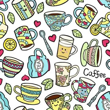 Seamless pattern with doodle tea accessories on warm dotterd background Stock Illustration