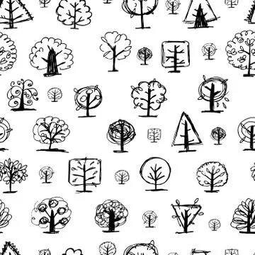 Seamless pattern, doodle trees for your design Stock Illustration