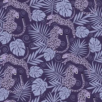 Seamless pattern with doodle tropical leaves and doodle tiger Stock Illustration