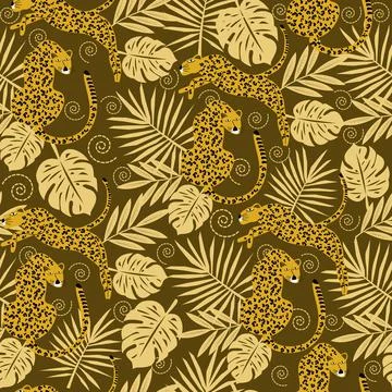 Seamless pattern with doodle tropical leaves and doodle tiger Ilustración de archivo