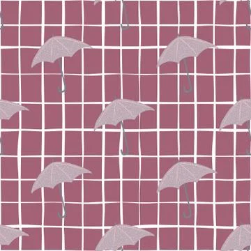 Seamless pattern with doodle umbrella ornament. Weather print with dark pink  Stock Illustration
