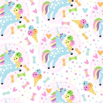 Seamless pattern doodle unicorns and candy vector illustration 스톡 일러스트