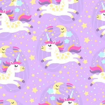 Seamless pattern doodle unicorns in starry sky vector illustration Stock Illustration
