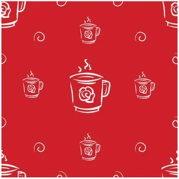 Seamless pattern doodle white cup with hot tea on red background Stock Illustration