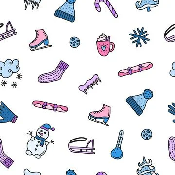 Seamless pattern with doodle winter icons. Stock Illustration