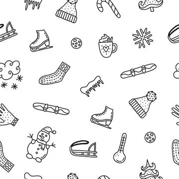 Seamless pattern with doodle winter icons. Stock Illustration