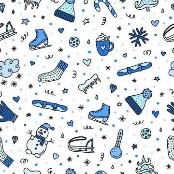 Seamless pattern with doodle winter icons. Stock Illustration
