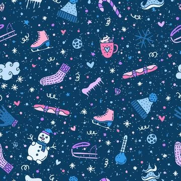Seamless pattern with doodle winter icons. Stock Illustration