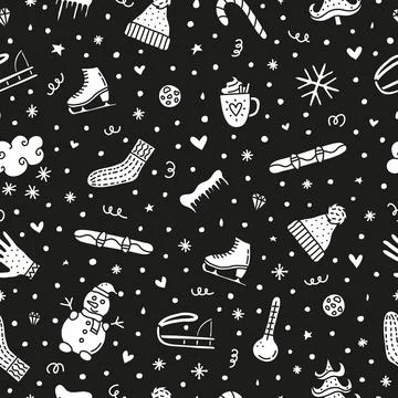 Seamless pattern with doodle winter icons. Stock Illustration