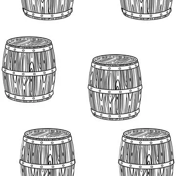 Seamless pattern doodle wooden barrel. Oak container for storage of wine, beer Stock Illustration