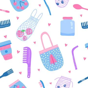 Seamless pattern with doodle zero waste icons. Illustrazione stock