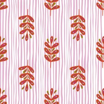 Seamless pattern with doodlegeometric leaf branches. Stripes background. Simp Stock Illustration