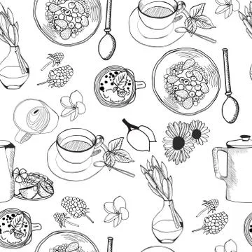 Seamless pattern of doodles food elements on white background. Stock Illustration