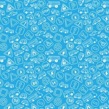 Seamless pattern of doodles road signs and cars. Stock Illustration