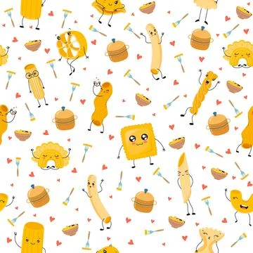 Seamless pattern with dough products. Funny italian food characters, comic 库存插图