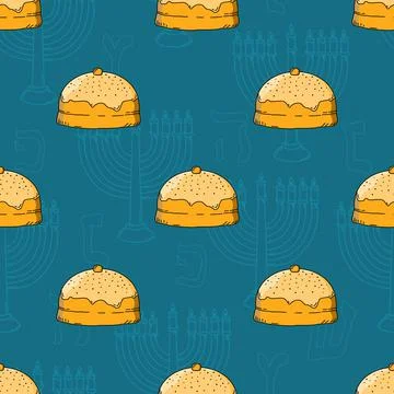 Seamless pattern with doughnut sketch on blue background. Hanukkah donuts Illustrazione stock
