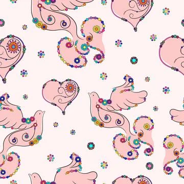 Seamless pattern of doves, flowers and hearts. Decorative pattern with spirals. Illustrazione stock