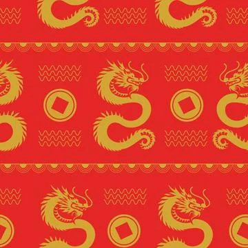 Seamless pattern with dragon and lucky coins Stock Illustration