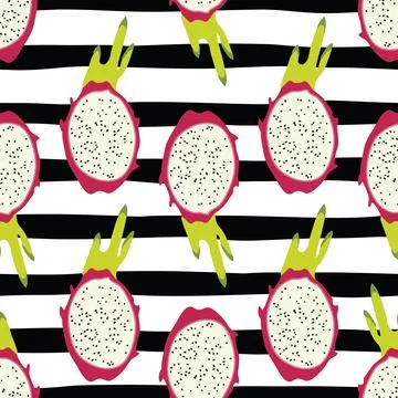 Seamless pattern with dragon fruit on black stirpes Stock Illustration