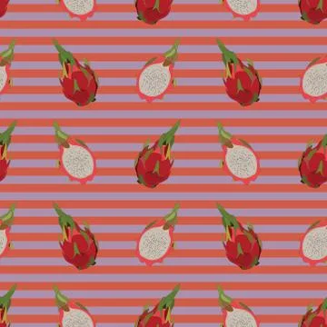 Seamless pattern with dragon fruit on blue and pink striped background Stock Illustration
