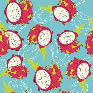 Seamless pattern with dragon fruit on blue background Stock Illustration