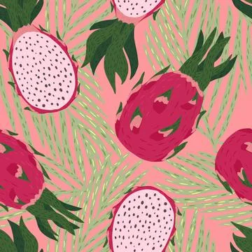 Seamless pattern dragon fruit on pink background. Colorful exotic fruit, leav Illustrazione stock