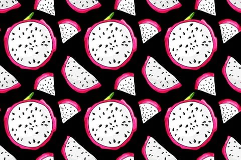 Seamless pattern of dragon fruit pitaya slices on black background Stock Illustration