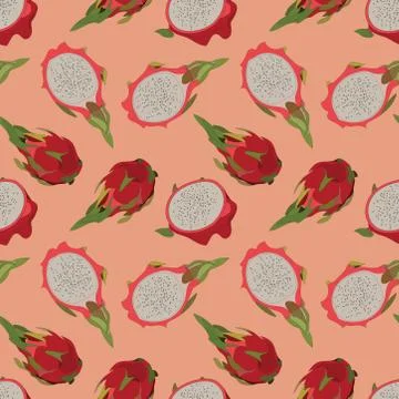 Seamless pattern with dragon fruit on red background. Stock Illustration