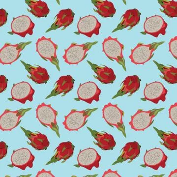 Seamless pattern with dragon fruit on turquoise background. Stock Illustration